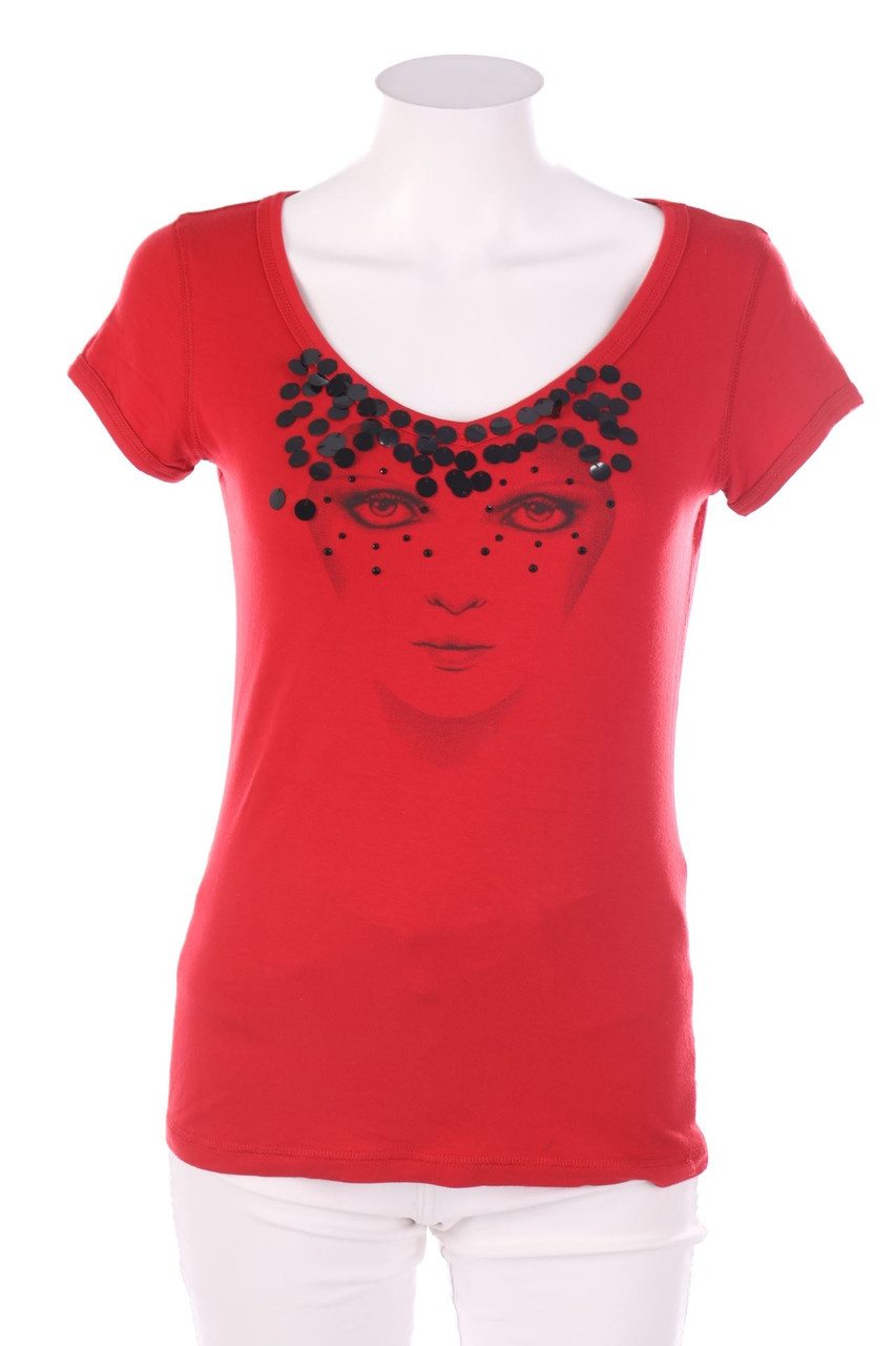 MANGO JEANS - Print-Kurzarm-Shirt mit Applikationen - D 36