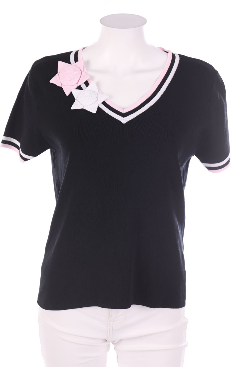 Ohne Label - Kurzarm-Strick-Pullover mit Applikationen - D 40