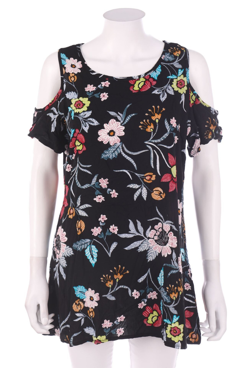 Ohne Label - Kurzarm-Carmen-Bluse mit Blumen-Print - D 44