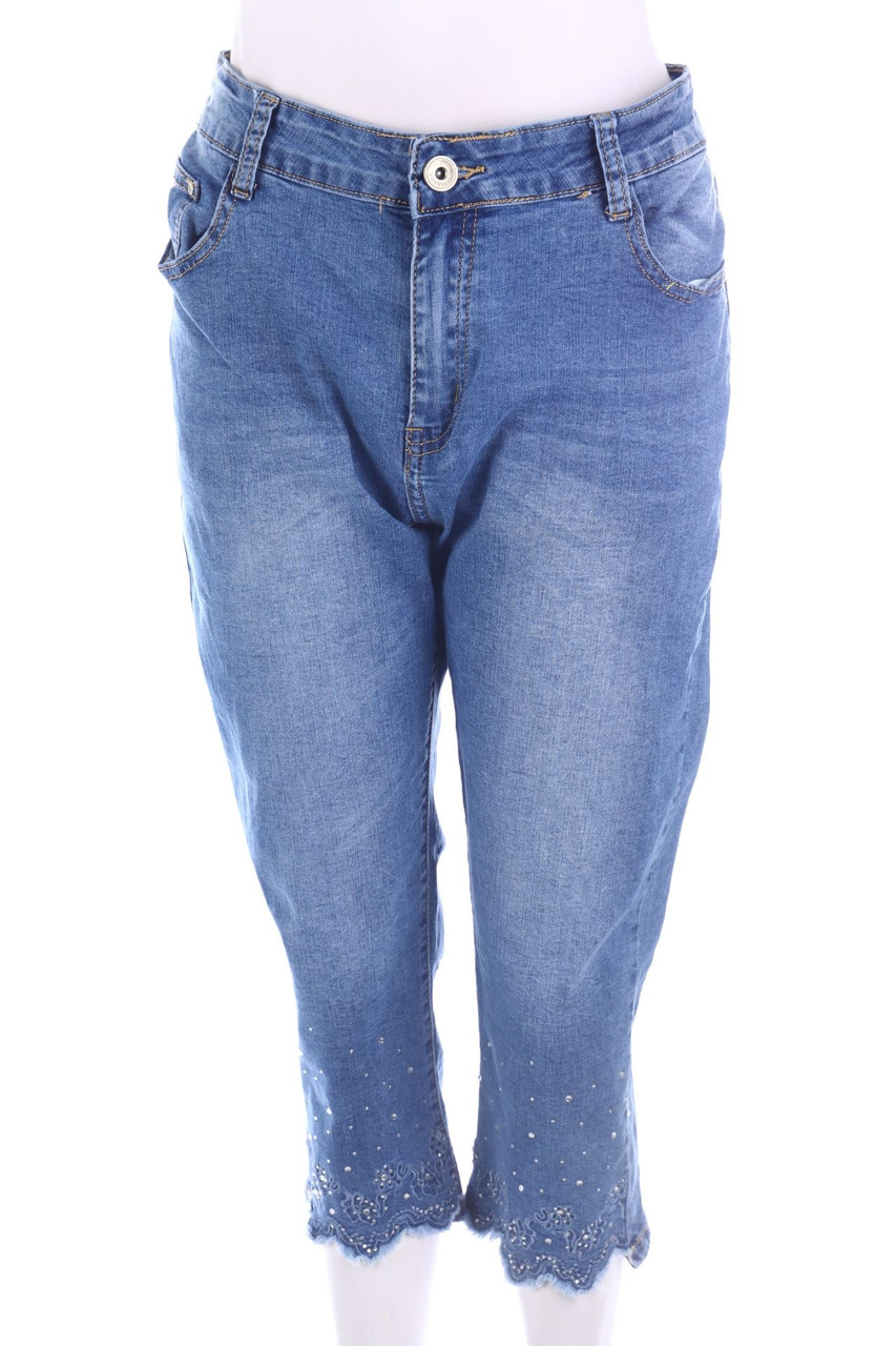 SECONDHAND - Used Look Cropped Jeans mit Strass-Steinen - 2XL