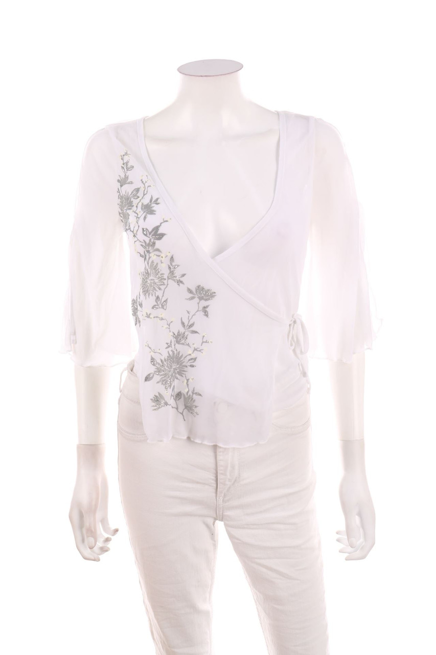 Ohne Label - 3/4-Arm-Shirt mit Blumen-Print in Wickel-Optik - D 36