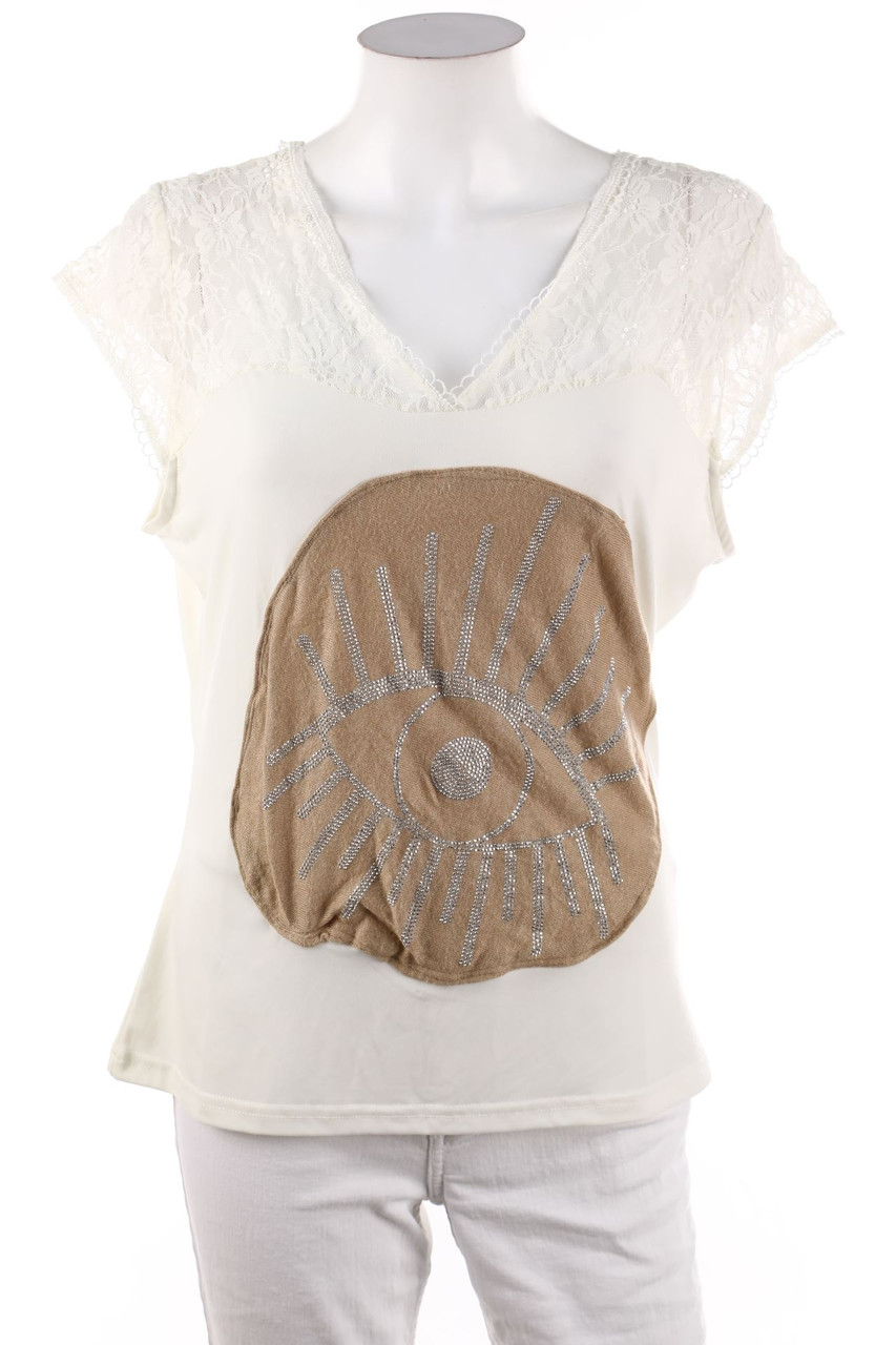 Ohne Label - Kurzarm-Shirt mit Strass-Steinen - D 42-44