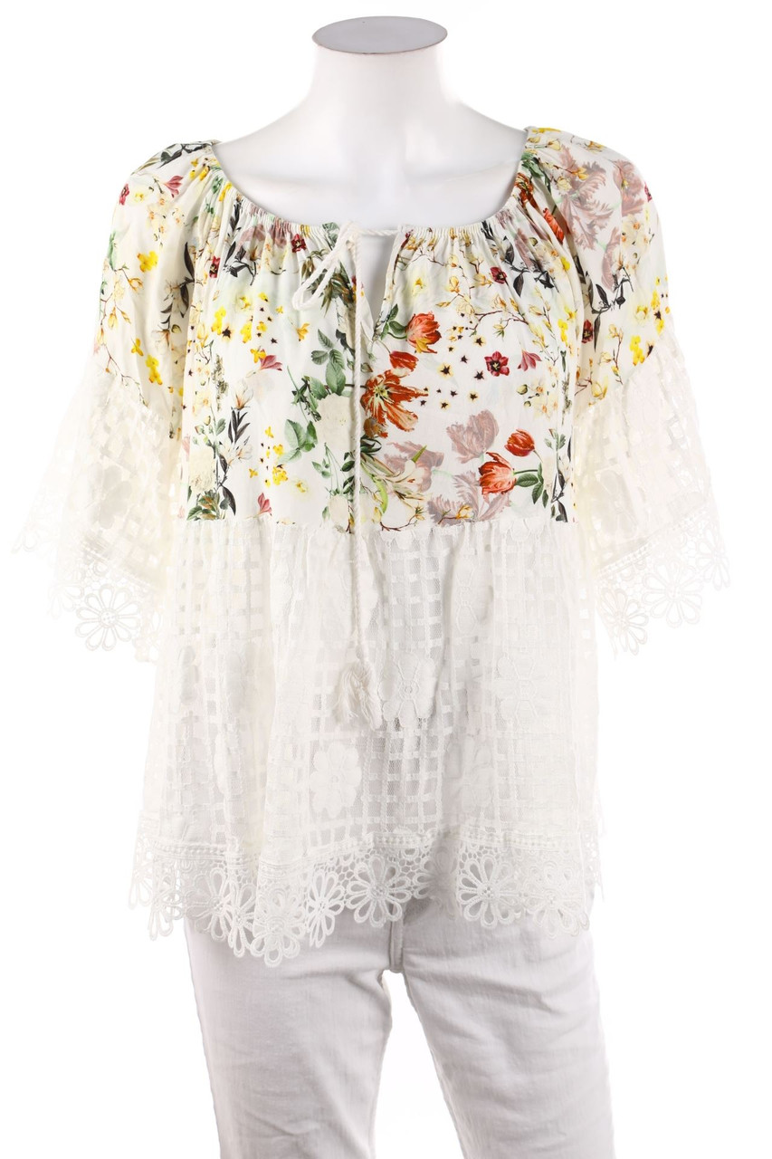 SECONDHAND - Carmen-Bluse mit Spitze mit floralem Muster - D 44-46