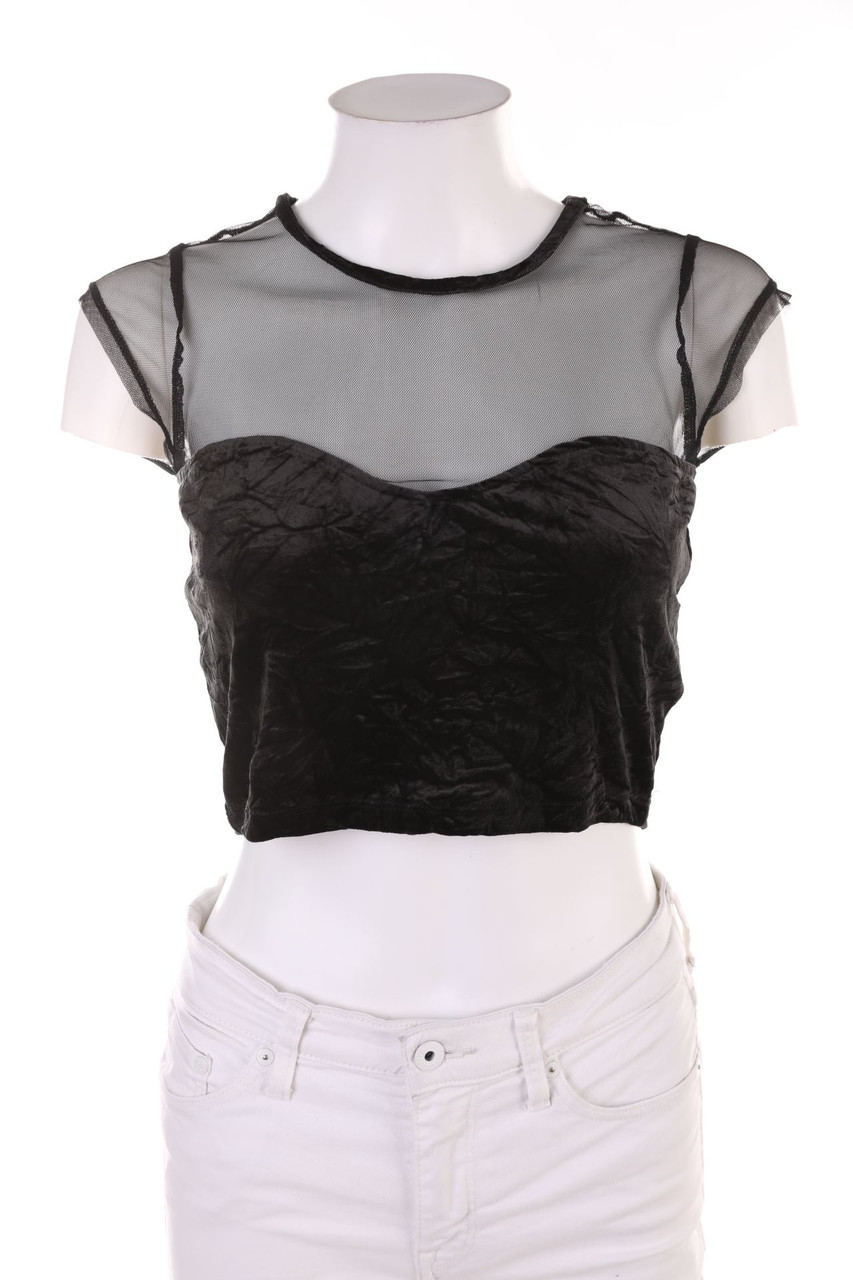 even&odd - Samt-Cropped-Shirt mit Mesh-Einsatz - S
