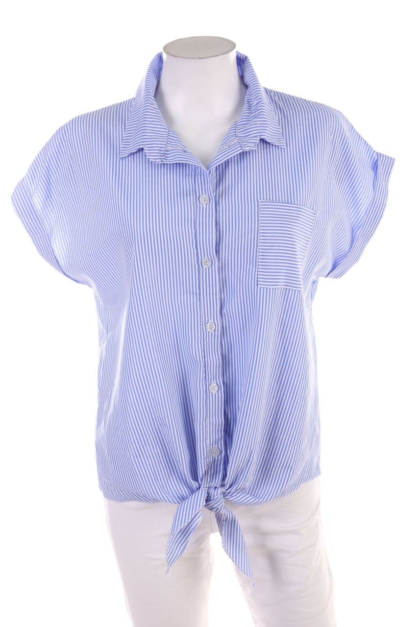 Ohne Label - Streifen-Kurzarm-Bluse zum Knoten - D 40-42