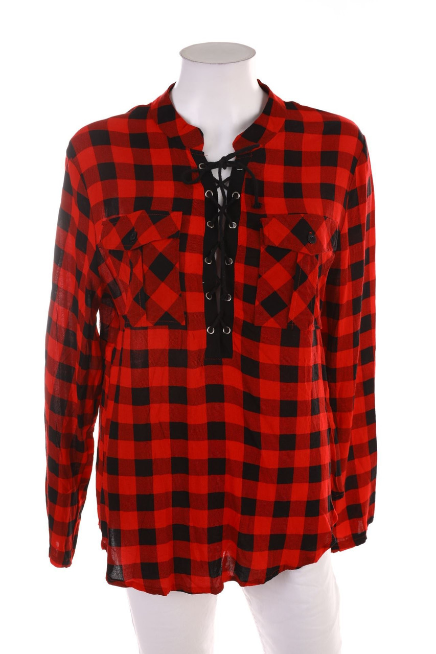 Ohne Label - Karo-Bluse mit Schnürung - D 42