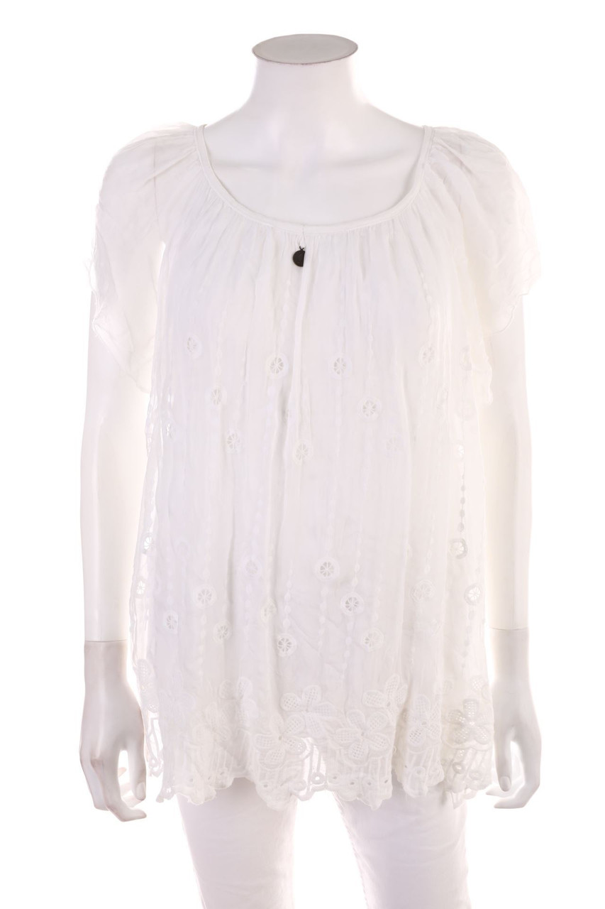 Ohne Label - Kurzarm-Bluse mit Stickereien - D 42