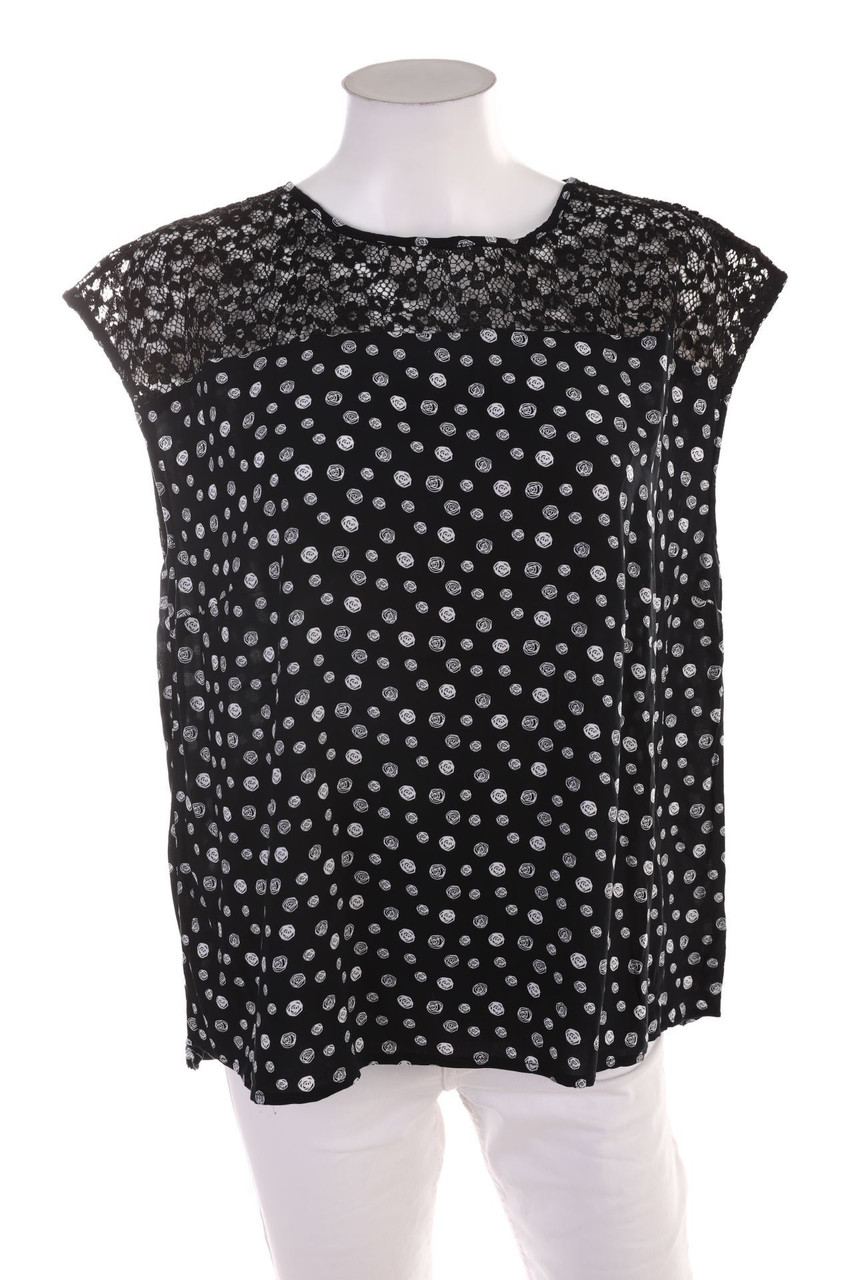 Ohne Label - Kurzarm-Bluse mit Spitzen-Einsatz - D 46