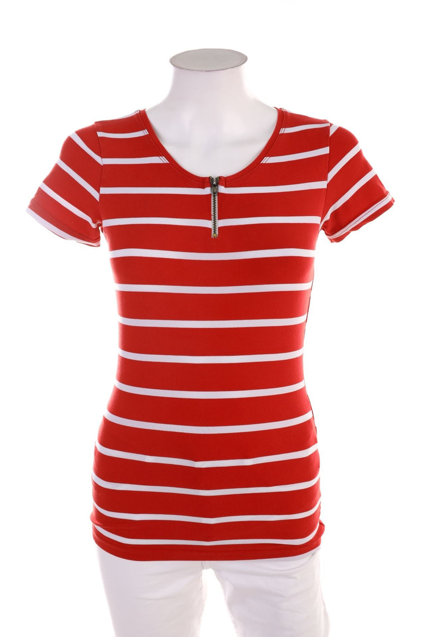 SECONDHAND - Streifen-Kurzarm-Shirt mit Reißverschluss - D 32