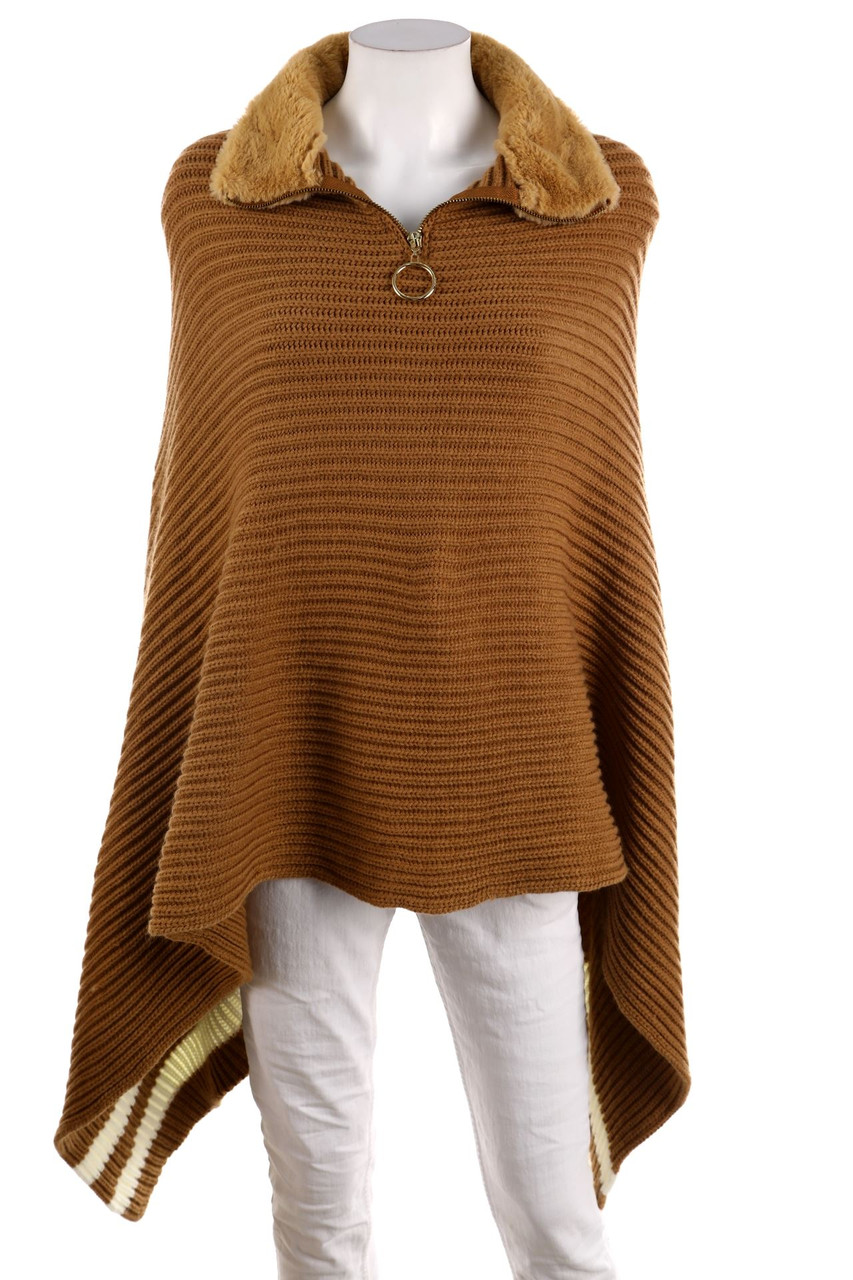 Ohne Label - Poncho mit Faux Fur-Kragen - ONE SIZE