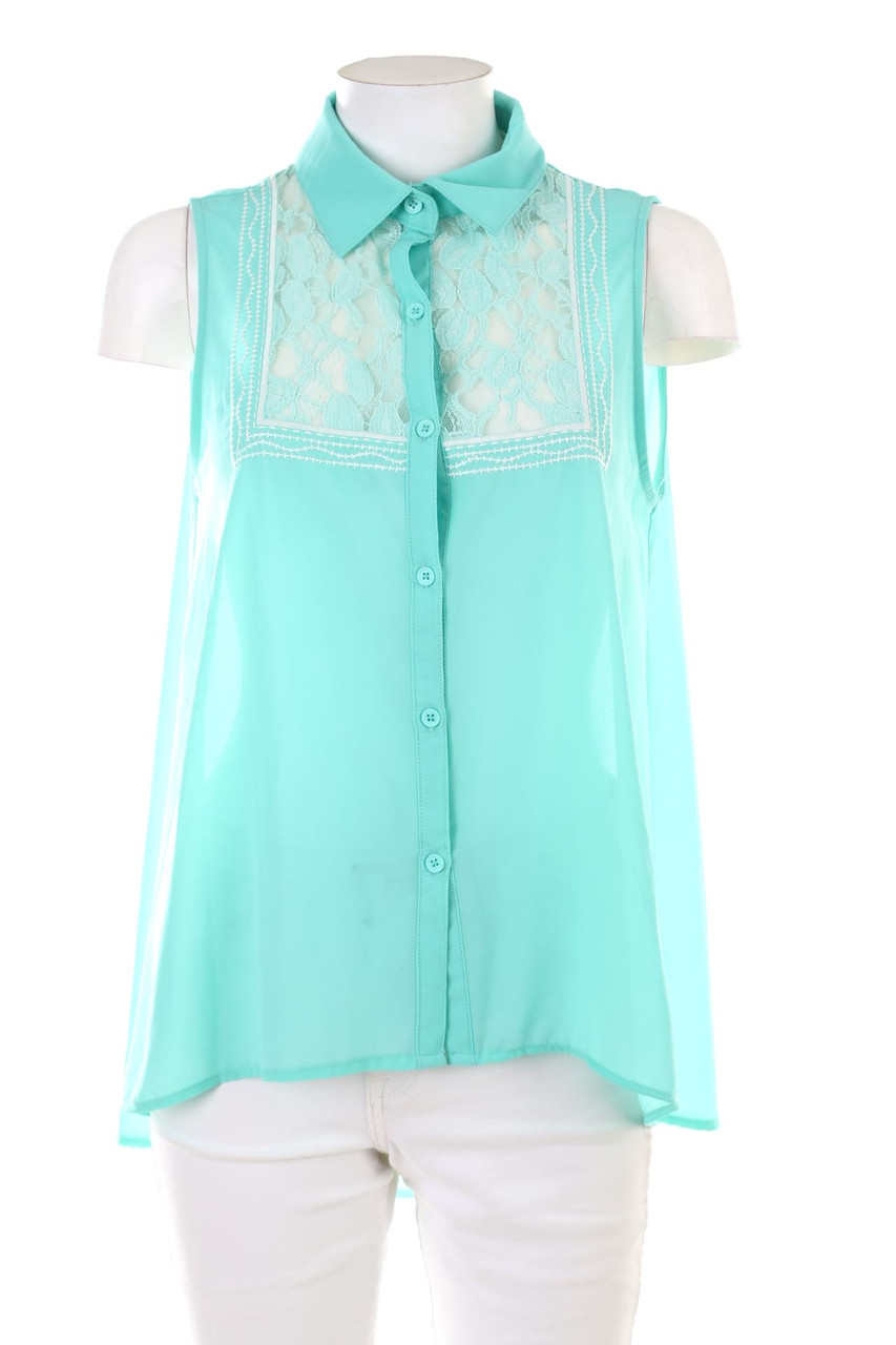 Ohne Label - ärmellose Hemd-Bluse mit Spitzen-Einsatz - M