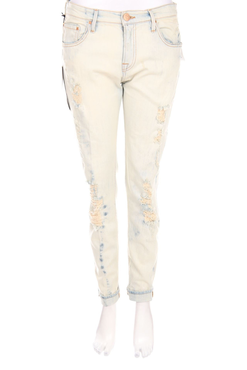 DON´T CRY - Destroyed Straight Cut Jeans mit Logo-Applikation - W28