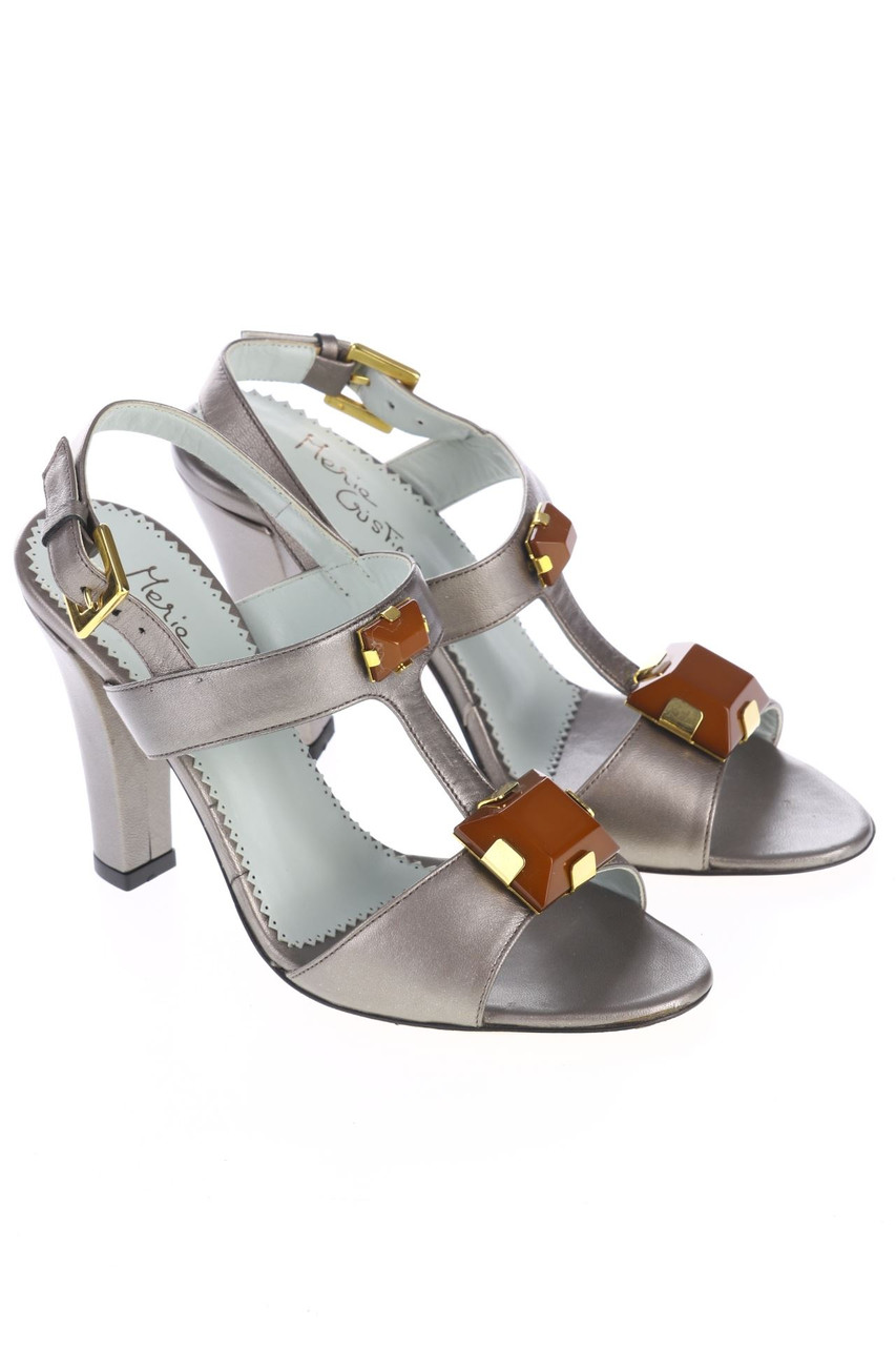 Maria Cristina - Leder-Sandaletten mit Schmuckstein-Applikation