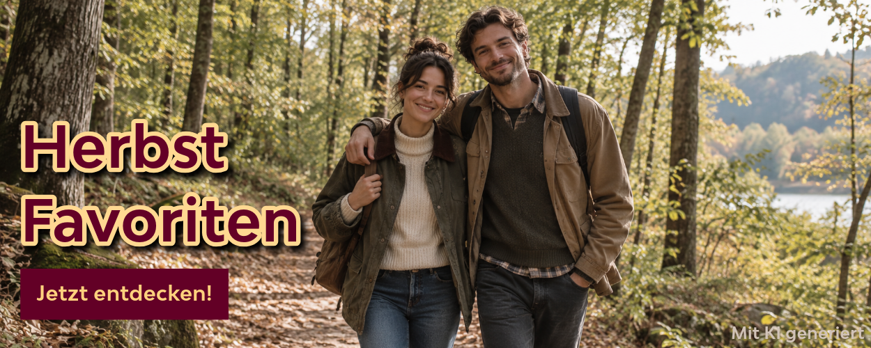 Secondhand Mode für den Herbst Banner mit einem Foto eines Pärchens im Herbst mit der Aufschrift Herbst Favoriten Jetzt entdecken