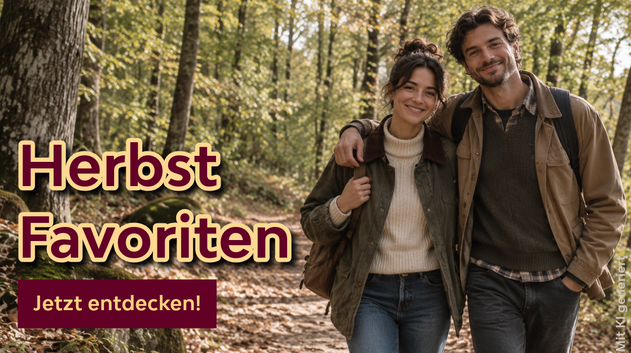 Secondhand Mode für den Herbst Banner mit einem Foto eines Pärchens im Herbst mit der Aufschrift Herbst Favoriten Jetzt entdecken