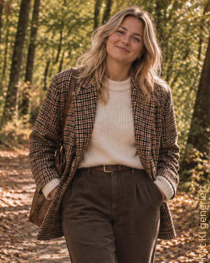 Karo Styles für den Herbst Frau trägt einen karierten Blazer für die Kategorie Karo Styles