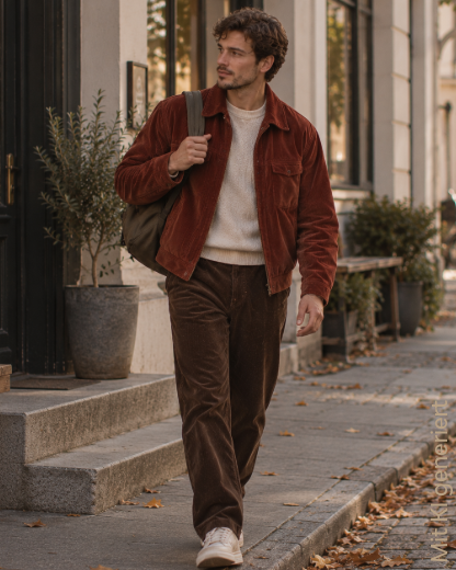Cord Looks für den Herbst Mann trägt eine rote Cordjacke für die Kategorie Cord mit KI generiert
