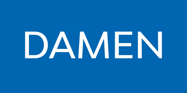 Blaues Banner mit dem weißen Wort Damen