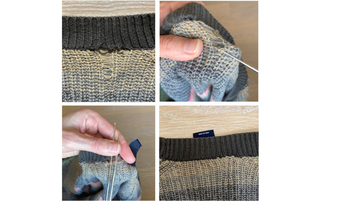 So reparierst Du Laufmaschen in Strickwaren Laufmasche in Strickjacke mit Häkelnadel reparieren
